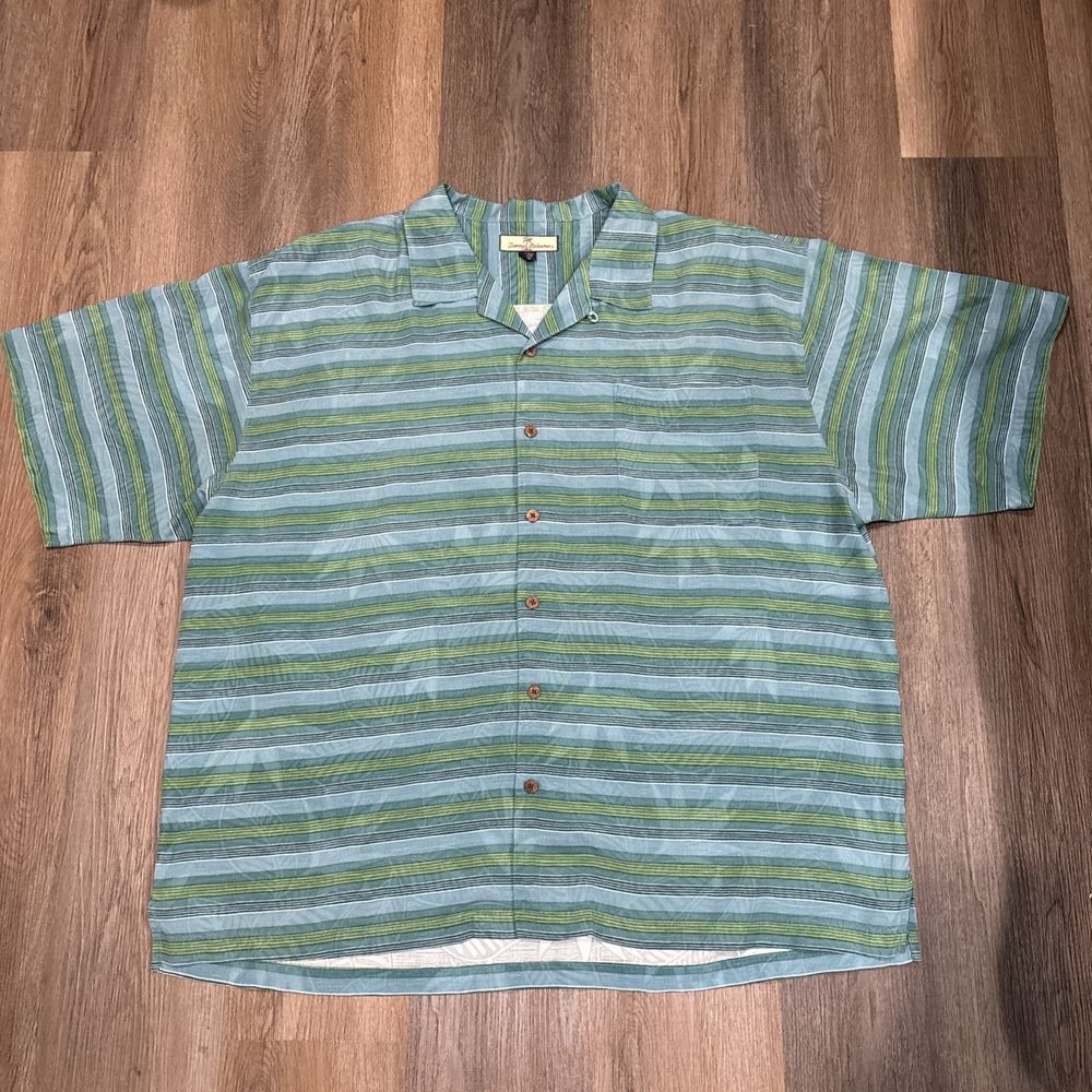 Tommy Bahama Shirt Men 2XL Blue Green Stripe 100% Silk Relaxed‎ Button Up Camp